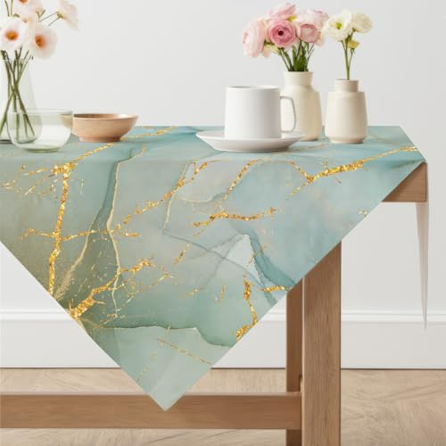 Arwllzz Tischdecke Grün Abwaschbare Modern 100 x 100 Eckig Mitteldecke Tisch Tischdecken Leinen Gold Marmor Tischwäsche Tischdeko Vintage Landhausstil Tischtuch für Draußen Garten Outdoor