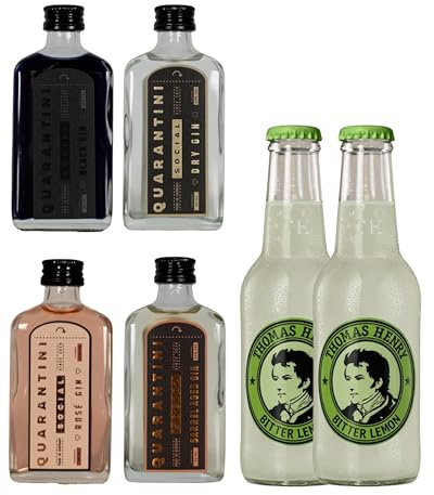 Quarantini Gin Tasting Set 42% Vol. (4 x 50 ml) + 2 Mischgetränke (je 200 ml) – mit vier fruchtigen Sorten (Barrel Aged, Dry, Black und Rosé)