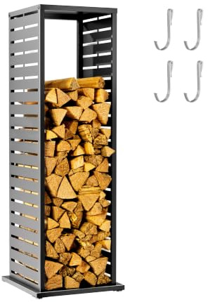 WESTMANN Kaminholzregal Luma Lane 38x38x112 cm Anthrazit Stahl wetterfest | Lineare Schlitzöffnungen für architektonische Optik, höhenverstellbare Füße und 4 S-Haken für Kaminzubehör inklusive.
