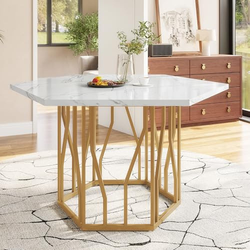Sechseckiger Esstisch Marmoreffekt für 4 Personen Küchentisch Metall Zweiggestell Couchtisch für Esszimmer Wohnzimmer Frühstückstisch Beistelltisch Gold