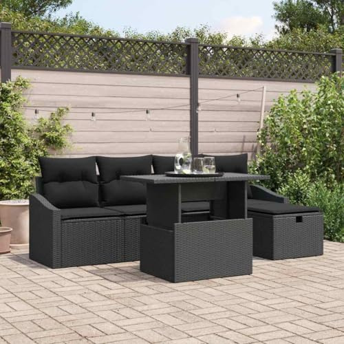 Yunovire Garten-Sofa-Set mit Kissen, 6-teilig, Schwarz Poly Rattan, Modulares Loungeset für Terrasse, Balkon, Außenbereich, Verstellbare Füße