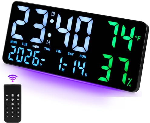 Large Digital Wall Clock, LED Clock with Temperature, Humidity, Date, 5 Brightness Dimmer,Gym Clocks for Living Room Bedroom Office Wall Decor, Dual Alarms for Children Seniors Heavy Sleepers (Large)