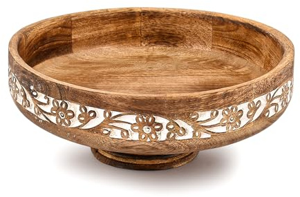 Samhita Bol à fruits sur pied en bois de manguier fabriqué à la main avec sculpture de fleurs – Base élégante pour salle à manger, servir et décorer la maison, centre de table (30,5 x 30,5 x 11,4 cm)