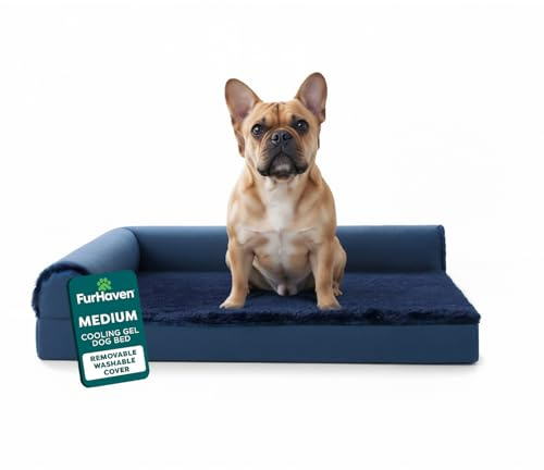 FurHaven Cooling Gel Dog Bed for Medium/Small Dogs w/Removable Bolsters & Washable Cover, For Dogs Up to 35 lbs - Plush & Velvet L Shaped Chaise - Deep Sapphire, Medium