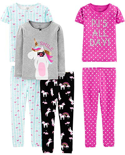 Simple Joys by Carter's 6-Piece Snug Fit Cotton Pajama Set Ensemble de Pijama, Bleu Tortue/Gris Chiné/Noir Licorne/Rose Motif À Pois, 5 Ans (Lot de 3) Fille