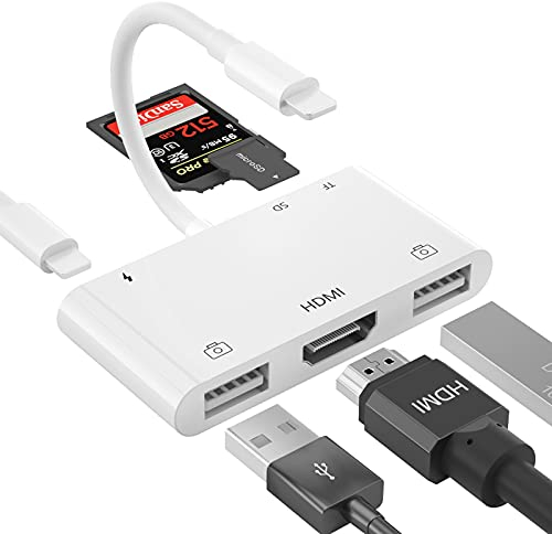 Adaptateur HDMI pour iPhone, hub USB HDMI, convertisseur AV numérique 6 en 1 pour iPhone TF lecteur de carte SD, adaptateur d'appareil photo USB OTG compatible avec iPhone, iPad, clavier MIDI, souris,