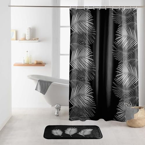 Douceur d'Intérieur, Rideau de Douche avec Crochets (180 x 200 cm) Orbella Noir/Argent, Polyester Imprimé