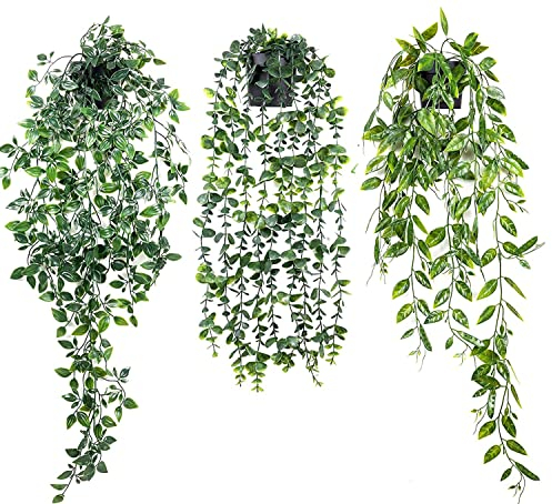 YTZWkit Hanging Artificial Plants Set of 3 Fake Vines Plants Indoors in Pot Trailing Faux Plant for Home Bathroom Garden Office Wedding Wall Decoration Outdoor Gift