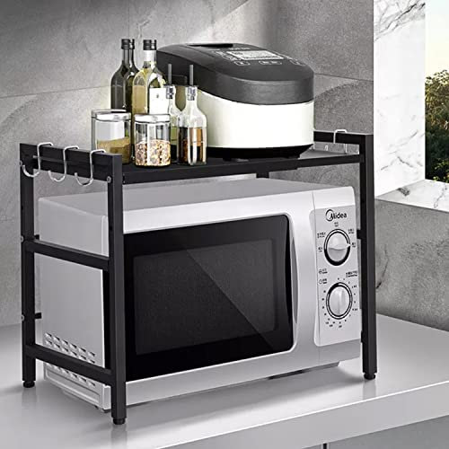 SHISHI Support Four à Micro-Ondes en Métal à 2 Niveaux, Ajustable Étagère de Cuisine Comptoir, Étagère Rangement Cuisine, Organisateur de Rangement Extensible, (40-64)×36,5×45 cm - Noir