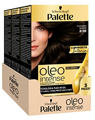 Schwarzkopf Palette Oleo, colorazione permanente copertura professionale capelli bianchi, Senza ammoniaca, 2-10 Castano Scuro, confezione da 3