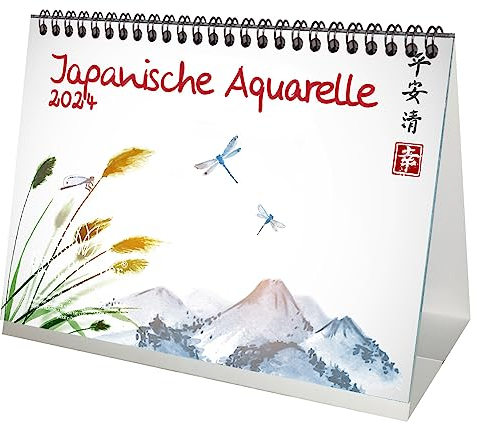 Japanische Aquarelle DIN A5 Tischkalender für 2024 Japan Stadt und Land - Geschenkset Inhalt: 1x Kalender, 1x Weihnachtskarte (insgesamt 2 Teile)