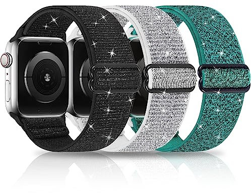 Lot de 3 bracelets à paillettes compatibles avec Apple Watch 38 mm, 40 mm, 41 mm, 42 mm, 44 mm, 45 mm, 49 mm, en nylon tressé élastique pour iWatch Series Ultra 8 7 SE 6 5 4 3 2 1