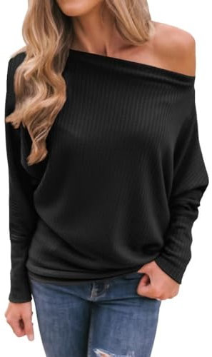 Dressmine Womens Off Shoulder Tunic Tops Casual Long Sleeve Shirts Waffle Knit Oversized Pullover Sweater Black Large