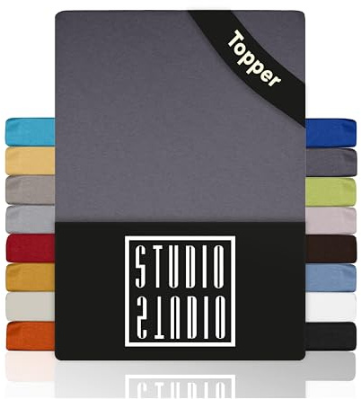 STUDIO Basic Topper Spannbettlaken 90x200cm – Jersey-Spannbetttuch aus 100 % gekämmter Baumwolle – Grau – bügelfrei, elastisch & Oeko-TEX Zertifiziert – für Topper 4–14 cm