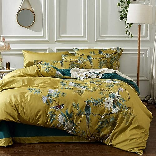 AShanlan Bettwäsche 135x200 4teilig Gold Grün Blumen Vögel Muster Bettbezug Microfaser Floral Deckenbezug Wendebettwäsche Set mit Reißverschluss und Kissenbezug 80x80 cm