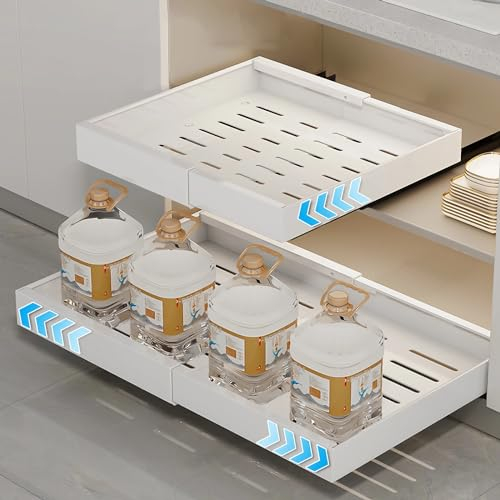 PURASKER Pull Out Kitchen Storage 1Pcs, Slide Out Drawer for Cupboard, Expandable Pull Out Cabinet Organiser, Storage Shelf with Adhesive Film and Nails (32-52CM W* 42CM D * 6CM H)
