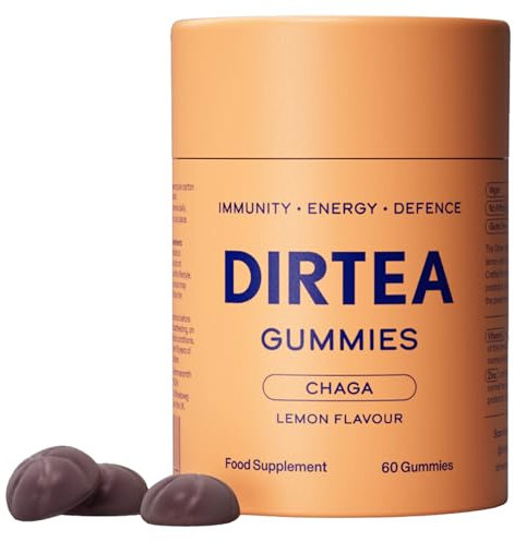 DIRTEA Chaga Mushroom Gummies - Vegan, Natural & Sugar Free with Vitamin C & Zinc - Immune & Energy Supplement - 1 Month's Supply - 3,000mg per Serving - 60 Gummies - Lemon Flavour