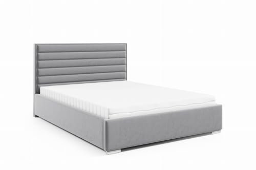LIKMA PV2 Polsterbett Silber 180x200 cm mit Stauraum Verchromte Füße Doppelbett mit Kopfteil 11 cm Gepolsterter Stoffett mit Gaslift Stoffbett Bettgestell Ohne Matratze Stoff: Riviera 80