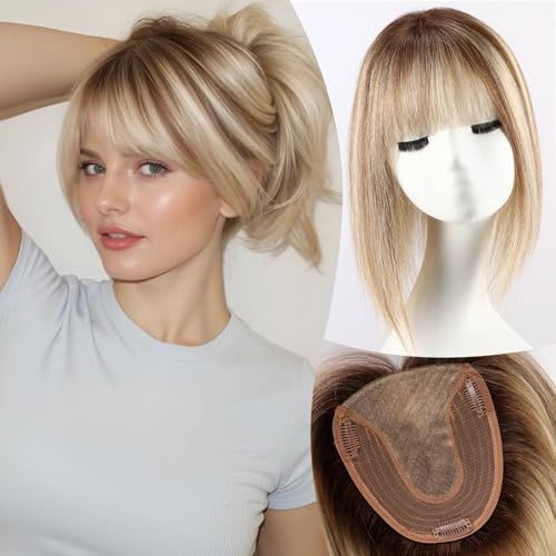 EMMOR Topper Haarteil mit Pony Naturhaar Echthaar für Frauen bei dünnerem Haar 30cm Skin Scalp 13x15cm Große Basis Volumen für Haarausfall Top Hairpieces Wiglets Topper