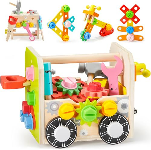 SYNCFUN Wooden Toys Kids Tool Set, 51 PCS Wooden Toys for 3 4 5 6 Years Old Boys Girls, Role Play Educational Construction Tool Box Kit, Montessori Toys for Toddler, Christmas Birthday Gift