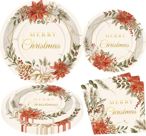 HEREER Forniture per feste di Natale, 96 piatti e tovaglioli retrò con foglie di agrifoglio di bacche e piatti da dessert per decorazioni natalizie per 24 ospiti