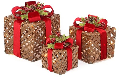 Decorative Coloured Christmas Parcel LED Light-Up Set with Bow | Indoor Outdoor Xmas Lights | Festive Holiday Sparkle Decor - Set of 3 Gift Box Decorations (Rattan with Red Ribbon)