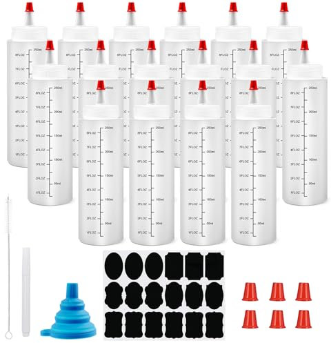 16 Pack Squeeze Bottles Bulk, 250ml Plastic Squeezy Sauce Bottle with Cap, Ketchup Condiment Bottles, Refillable Squeeze Dispensers for BBQ, Salad Dressing, Paint, Oil, Lcing, Liquids, Crafts, Glue