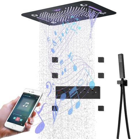 Multifunktionales duschgarnitur,Schwarz,580x380mm Duschsystem,Bluetooth-Musik-Duschset mit farbiger LED,6 Seitenbrausen,Regendusche mit Thermostat,mit Handbrause,duschgarnitur mit regendusche