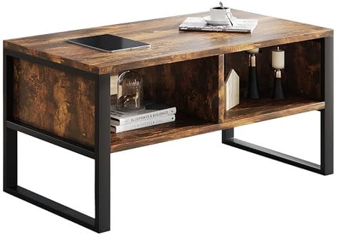 SHOWHA Couchtisch mit 2 Ablagefächern,Wohnzimmertisch aus Hochwertigem Holz und Metallrahmen,Rechteckiger Kaffeetisch Sofatisch,Vintage-Holzoptik Schwarz,90x48x45cm