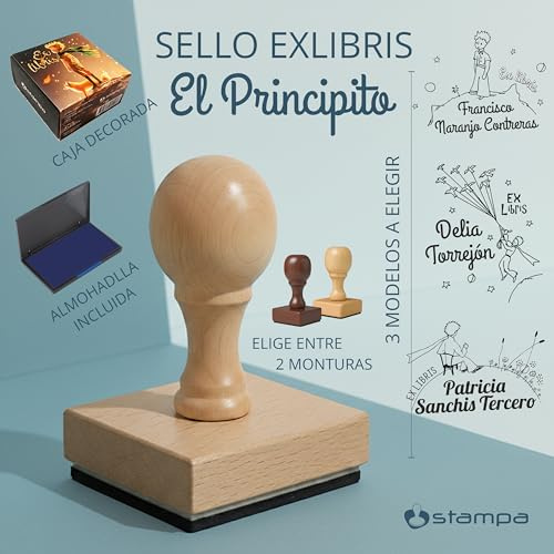 STAMPA Sello Ex Libris Personalizado con Nombre – El Principito – Sello para Libros de Madera y Caucho con Tampón de Tinta – Este Libro Pertenece a – 3 Diseños – Caja Regalo