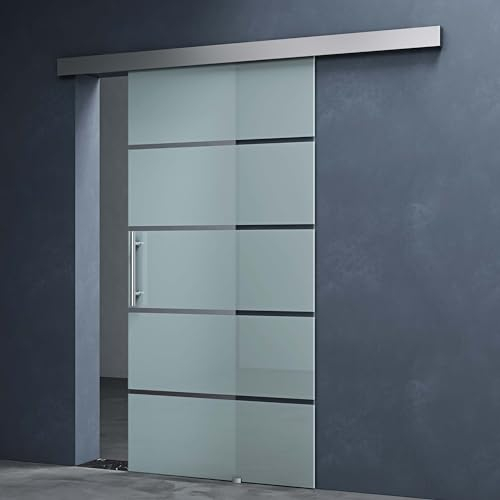 Mai & Mai Porta Scorrevole in Vetro 90x215cm, Porta Scorrevole Interna con Softclose in Vetro Satinato 8mm in 5 Strisce con Binario e Maniglia Per Asta per Bagno Studio Ufficio, Amalfi TS13H-900SC