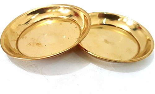 Evergrow Corp Set of 2 Pure 100% Brass Plate 3 for Bhog Prasad Arti Vraja Krishna Ganesha Laxmi Worship Pooja