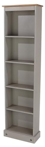 Core Products Corona 5-Shelf Tall Narrow Bookcase - Premium Wax Top with Solid Pine Construction and Practical Shelving