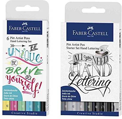 Faber-Castell 267116 - Tuschestift Pitt Artist Pen Lettering, 6er Etui bunt (bunt + schwarz/grau, 1 Packung)