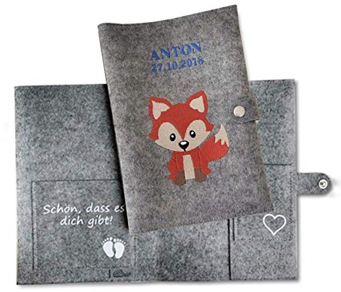 U Heft personalisiert - Namen Geburtsdatum - extra Fächer und Lasche mit Druckknopf aus Woll-filz - grau meliert