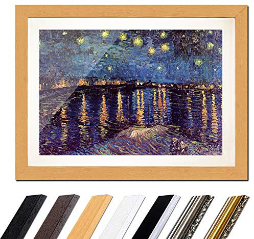 Bild mit Rahmen - Vincent van Gogh Sternennacht über der Rhône 80x60 cm ca. A1 - Gerahmter Kunstdruck inkl. Galerie Passepartout Alte Meister - Rahmen buche