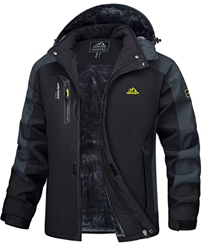 MAGCOMSEN Winterjacke Herren Warm Skijacke Fleece Gefüttert Jacke Wasserdicht Snowboardjacke Winddicht Outdoorjacke mit Abnehmbarer Kapuze Schwarz-grau 3XL