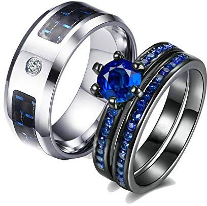 KnSam 2 Stück Ring Edelstahl Ringe Silber Damen Herrenring Edelstahl Kohlenstofffaserring Und Blauer Zirkonia-Ring Stapelbar Damen Gr. 49 (15.6) Herren Gr. 54 (17.2) Silber