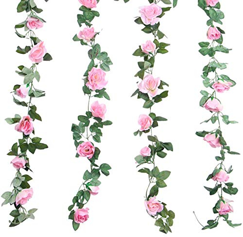 TheStriven 2 pièces Vigne Rose Artificielle avec des Feuilles Vertes Artificielle Sakura Fleurs De Cerisier Lierre Guirlande Feuille Garland Fleurs pour Maison Cour Clôture Décor de Mariage (Rose)