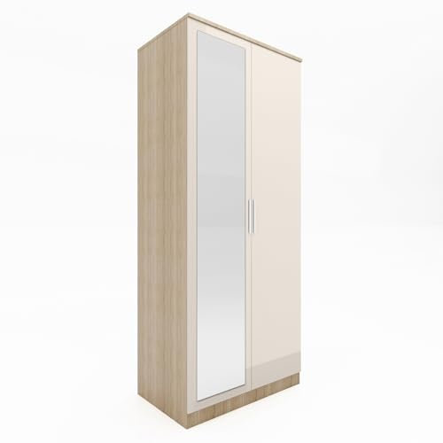 ELEGANT Wardrobe With Mirror Bedroom Furniture High Gloss Finish Cream-Oka Mordern Design Soft Close 2 Door
