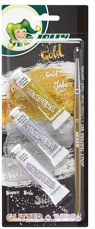 JOLLY Super Tempera Glitzer Malfarben, Malfarbe in Gold, Silber und Deckweiß, inkl. goldfarbener Malpinsel, leuchtende und deckende Farben, unverdünnt oder mit Wasser vermalbar