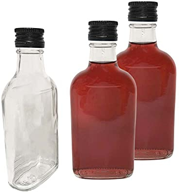 10 x Flask Glass Bottles 200 ml (0.2L) & Metal Screw Caps (Twist on Lids) - Home Brewing Gin Oil Vinegar Wine Vodka - DIAH (Black Screw Caps)