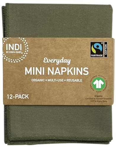 Indi by Kishu Baby Mini-Servietten-Set, Fairtrade-zertifiziert, 100 % Bio-Baumwolle, waschbar, 12 wiederverwendbare Musselin-Servietten für alle Anlässe (Dark Olive)