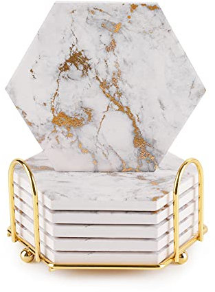 Marmor-Stil Untersetzer, 6 Stück - Getränke-Untersetzer für Holztisch Mit Metallhalter - Goldfarbenes Keramiktassen-Set - Rustikale Heimdekoration, Raumdekoration, Party