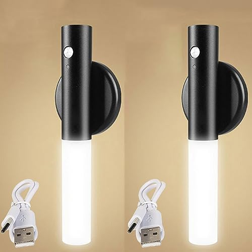 LED Batteriebetrieben Wandlampe Innen Dimmbar Akku Batterie Wandleuchte mit Bewegungsmelder USB Wiederaufladbare Magnetisch Treppen Flur Schlafzimmer Kinderzimmer Eingang Gang Licht (Schwarz,2 Stücks)