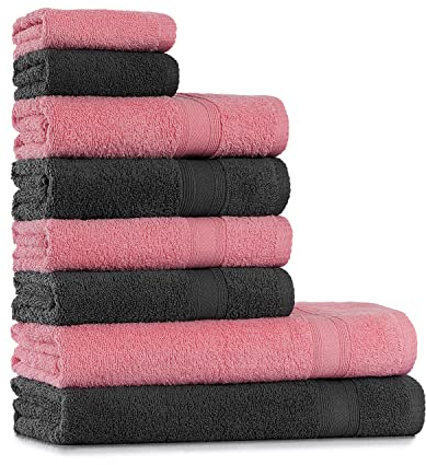 Tuiste Set Asciugamani Bagno Grigio Scuro - Rosa Antico, Hotel, Cotone, 2 Telo Doccia 70x140cm + 4 Asciugamani 50x90cm + 2 Asciugamani Ospiti 30x50cm, Asciugamani Bagno Viso e Bidet, Morbidi