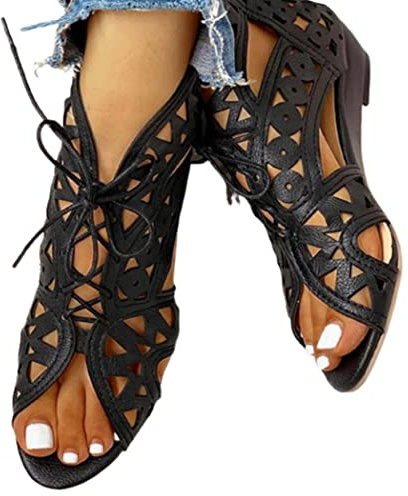 SHADIOA Flache Damen-Schnürsandalen mit Cross-Over-Wrap-Around-Riemensandalen Fischmaul-Reißverschluss auf der Rückseite Retro-Römische Sandalen