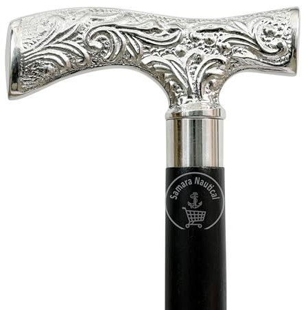 Safa Gehstock mit maritimem Messinggriff, antikes Messing, schöner Gehstock mit silberfarbenem Griff, Geschenk für Damen und Herren