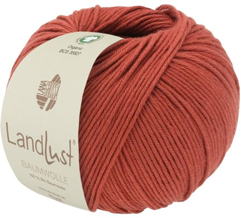 LANA GROSSA Landlust Baumwolle | Klassisches Bio-Baumwollgarn, Gots zertifiziert | Handstrickgarn aus 100% Baumwolle (Bio) | 50g Wolle zum Stricken & Häkeln | 115m Garn FB 7 Rostrot