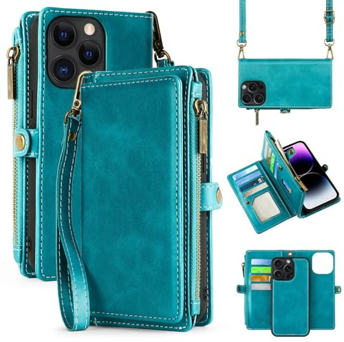 MInCYB Schutzhülle für iPhone 15 Pro Wallet Case mit Kartenhalter (12 Kartenfächer) – PU Leder Hülle für Frauen & Männer, kabelloses Laden, abnehmbarer Magnetisch, Crossbody Gurt, stoßfeste